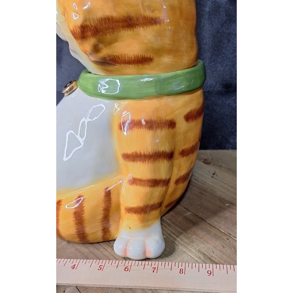 Vintage DCI Jim Orange 1990s Cat Ceramic Cookie Jar Green Collar Wire Whiskers